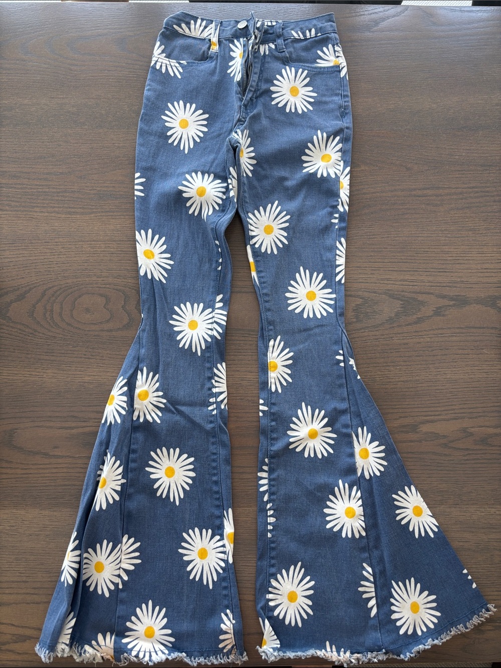 Alter’d State Daisy Print Flared Jeans - Blue with White & Yellow Daisies